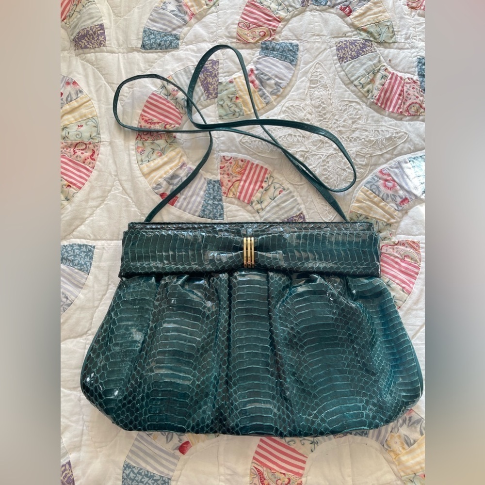 Vintage J Renee Emerald green clutch bag wedding prom 80s bow strap large purse - Picture 2 of 11